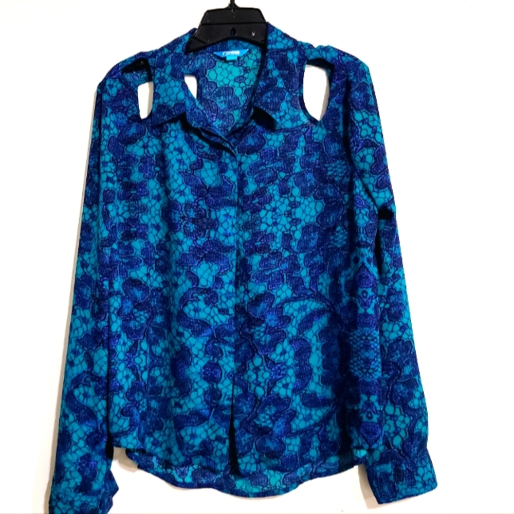 L'AMOUR WOMEN'S LONG SLEEVE GEORGEOUS TEAL AND NAVY BLUE CUT OUT TOP  SZ XL